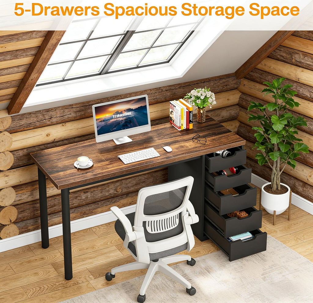 Modern Brown Computer Desk with Five Drawers