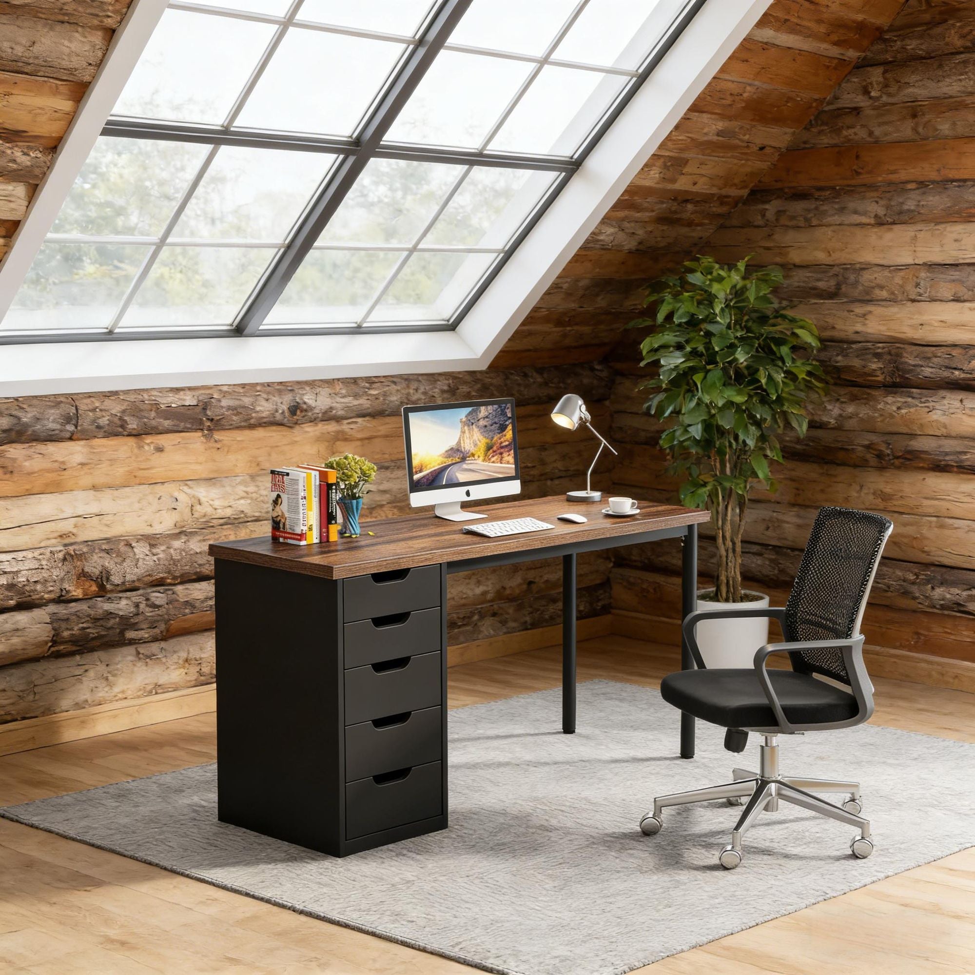 Modern Brown Computer Desk with Five Drawers