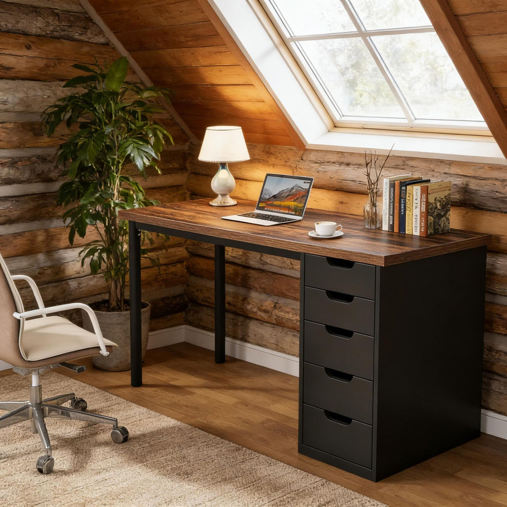 Modern Brown Computer Desk with Five Drawers