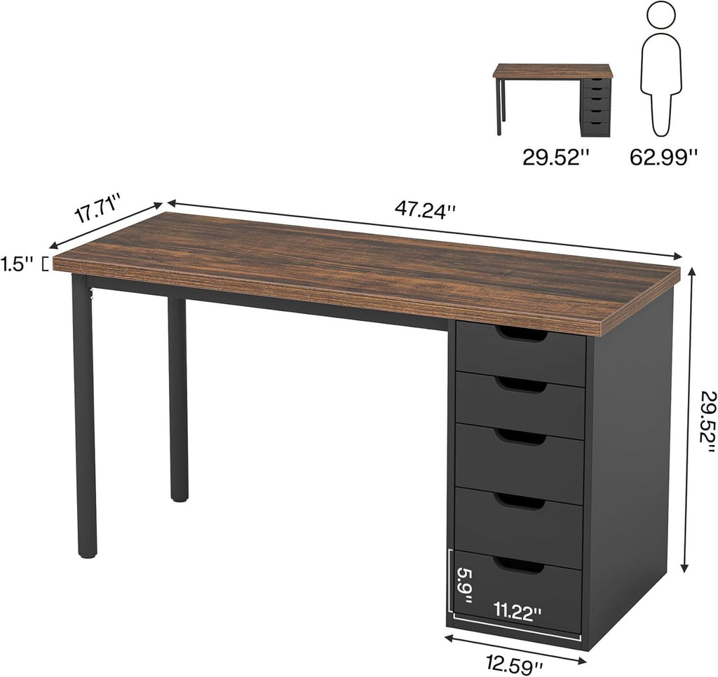 Modern Brown Computer Desk with Five Drawers
