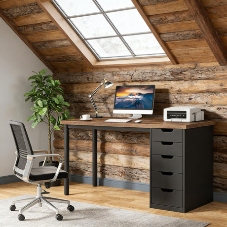 Modern Brown Computer Desk with Five Drawers
