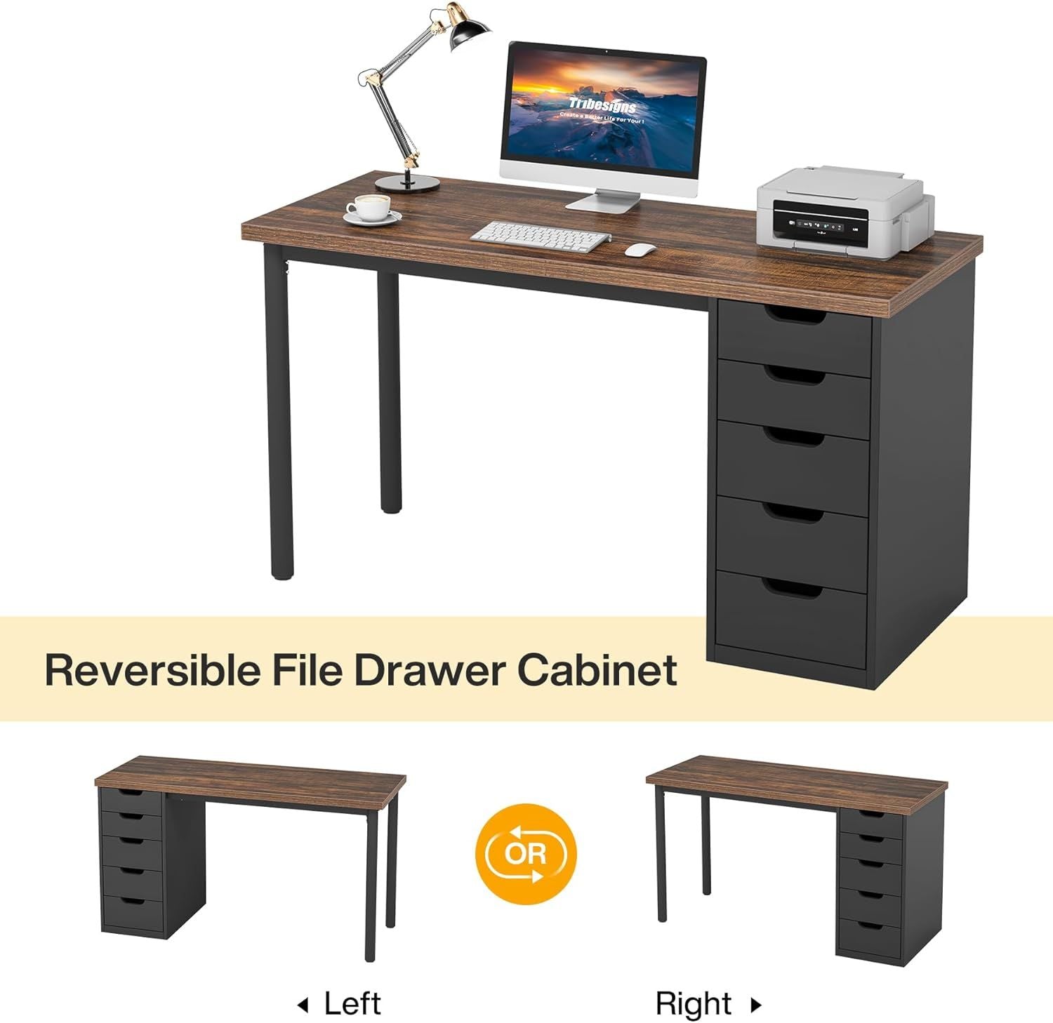 Modern Brown Computer Desk with Five Drawers