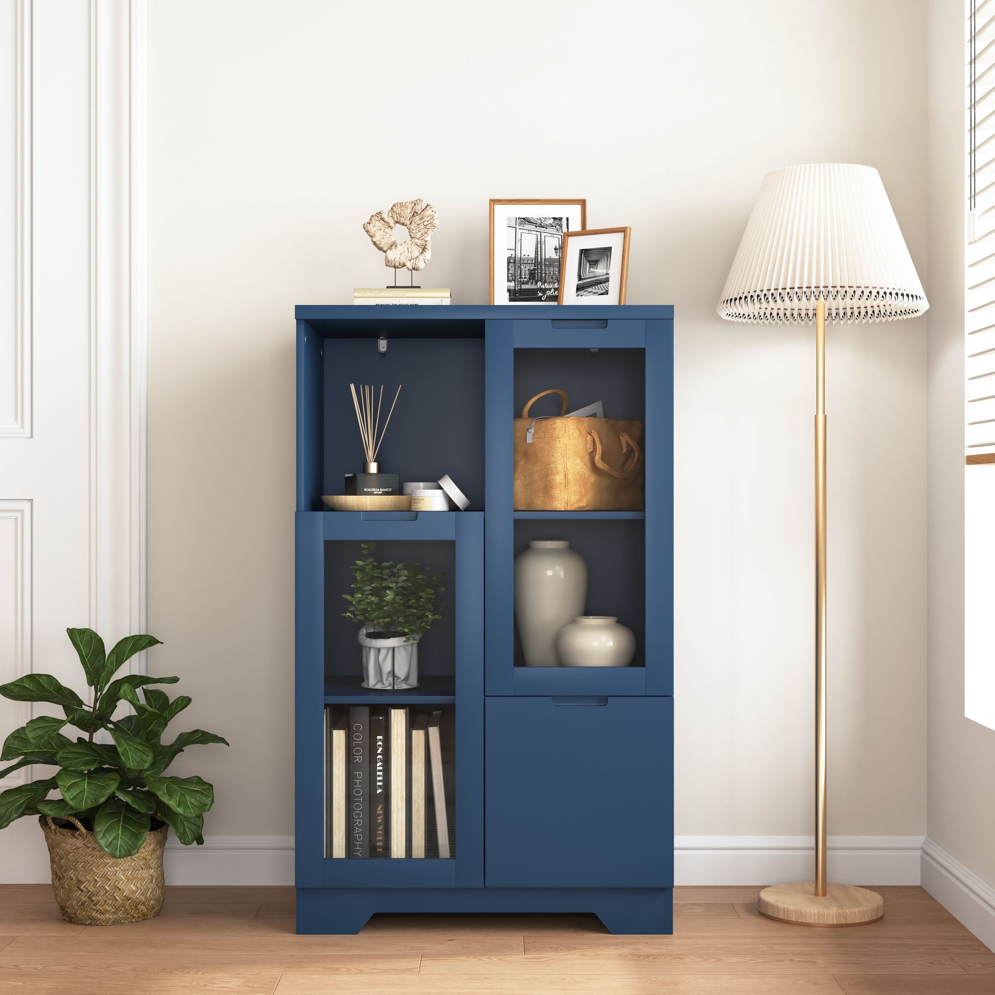 Multipurpose Storage Cabinet with Glass Doors and Adjustable Shelves - Blue