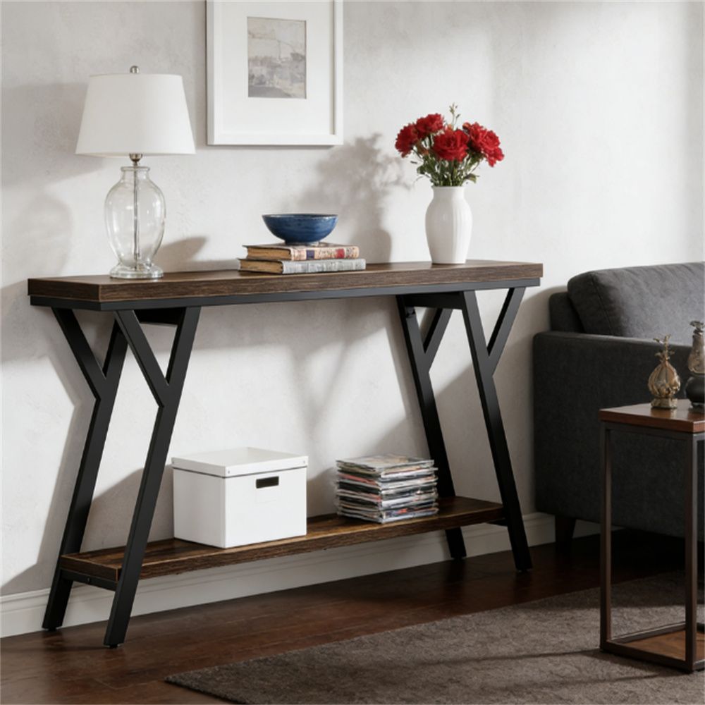 Two-Tier Industrial Console Table with Slim Profile