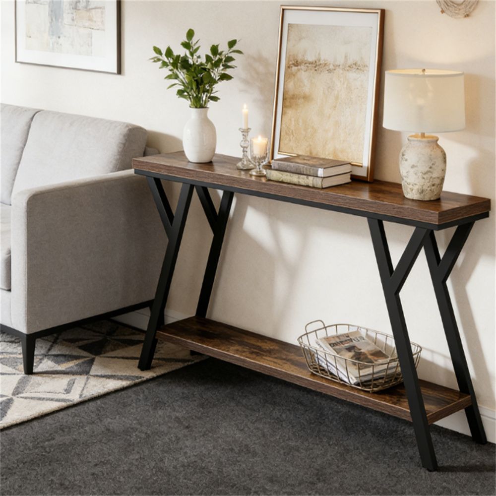 Two-Tier Industrial Console Table with Slim Profile