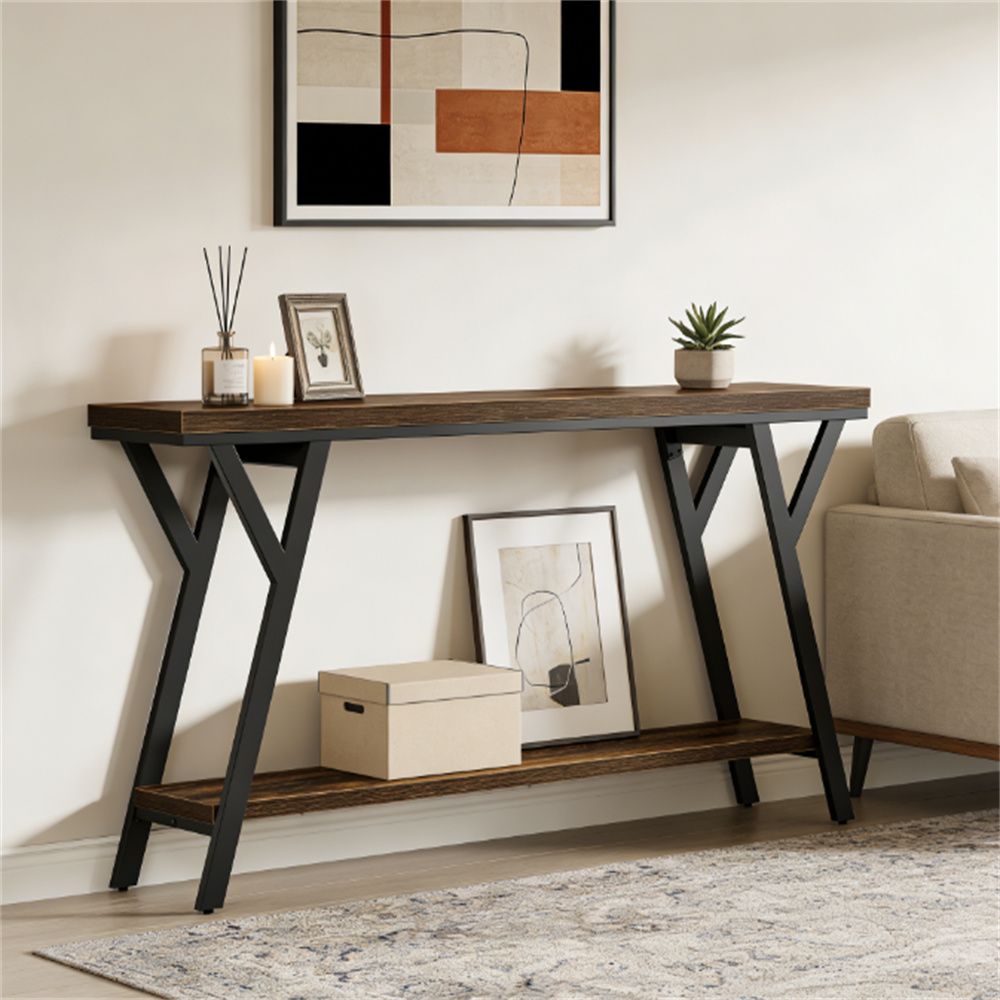 Two-Tier Industrial Console Table with Slim Profile
