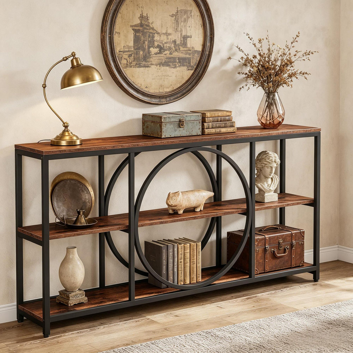 Narrow Three-Tier Farmhouse Industrial Console Table