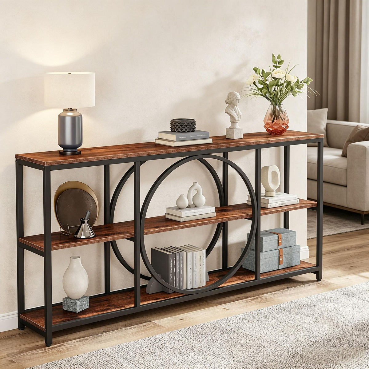 Narrow Three-Tier Farmhouse Industrial Console Table