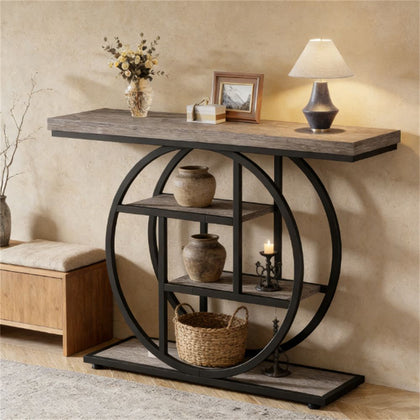 Circular Industrial Four-Tier Console Table