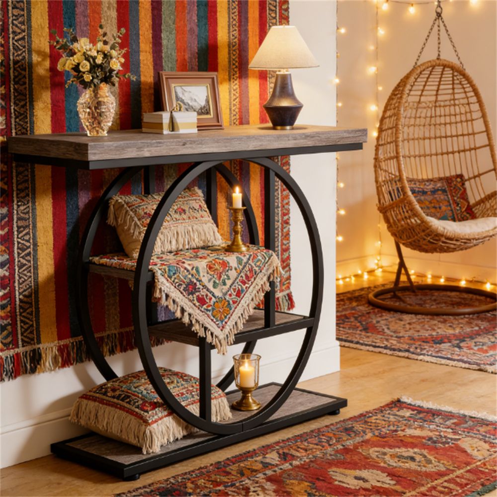 Circular Industrial Four-Tier Console Table