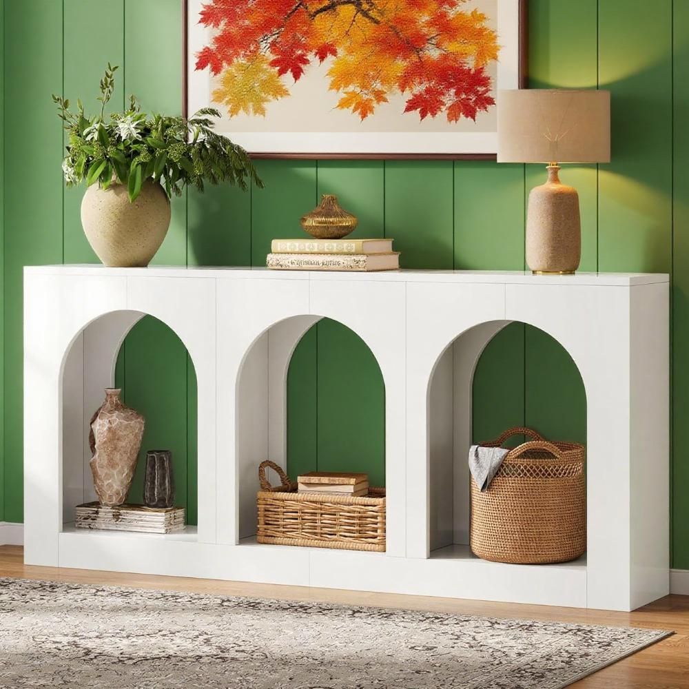 Elegant White Console Table with Three Arched Shelves