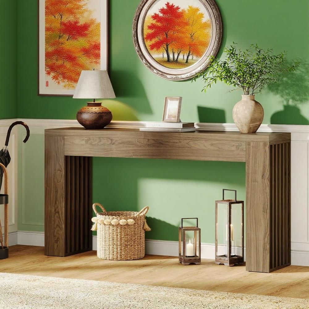 Farmhouse Console Table with Sleek Slatted Sides and Spacious Top