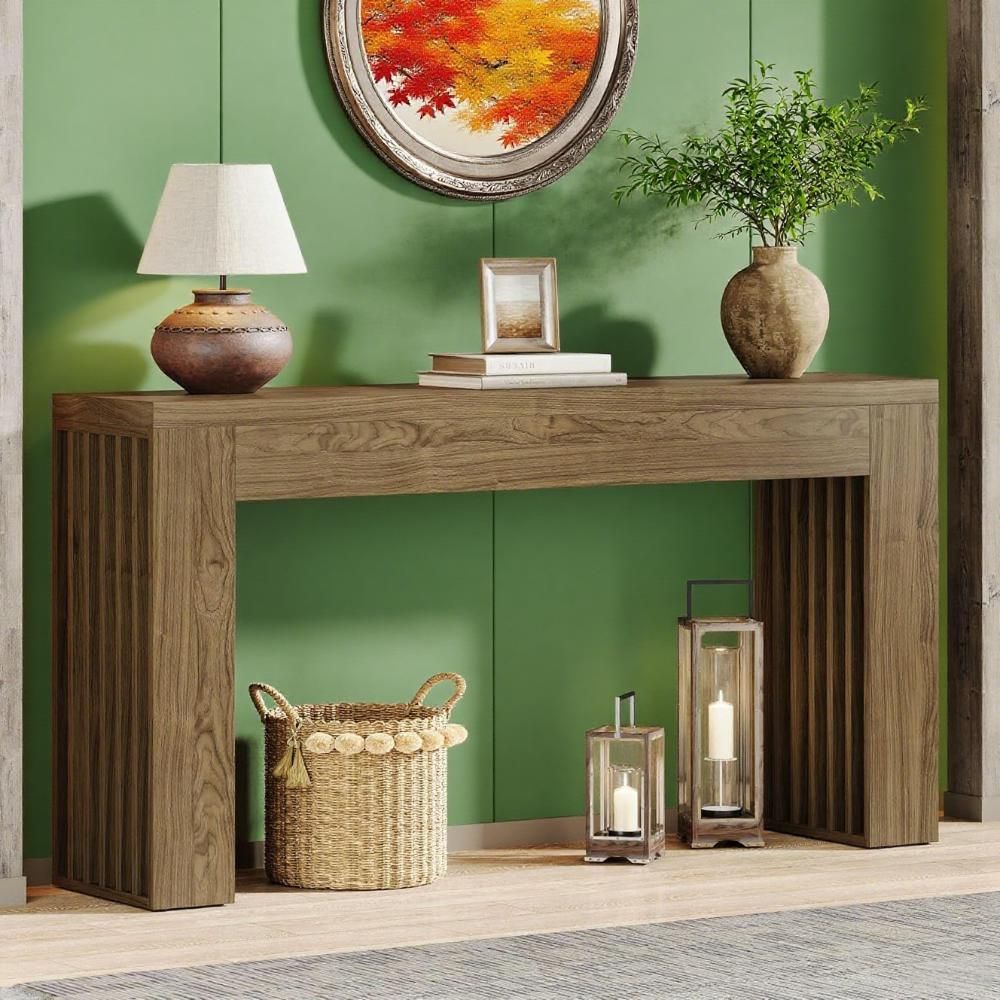 Farmhouse Console Table with Sleek Slatted Sides and Spacious Top