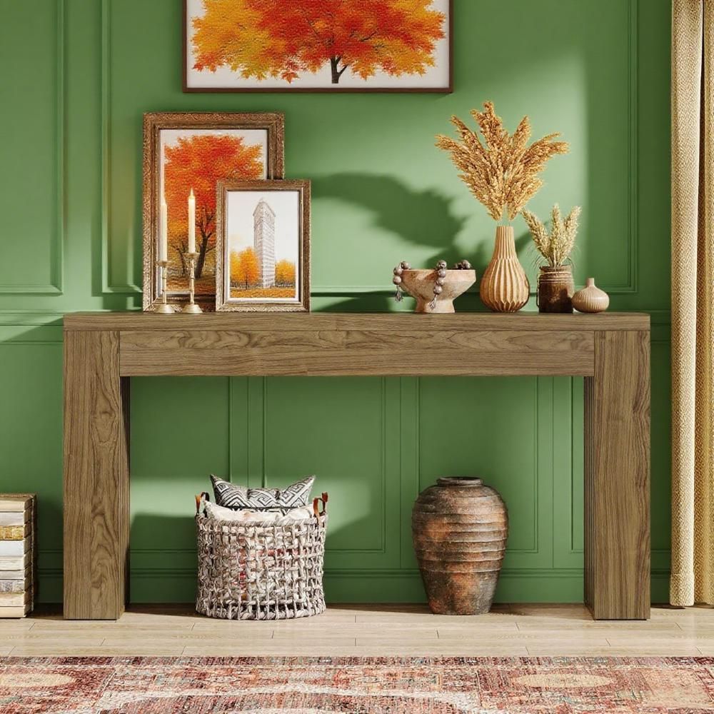Farmhouse Console Table with Sleek Slatted Sides and Spacious Top