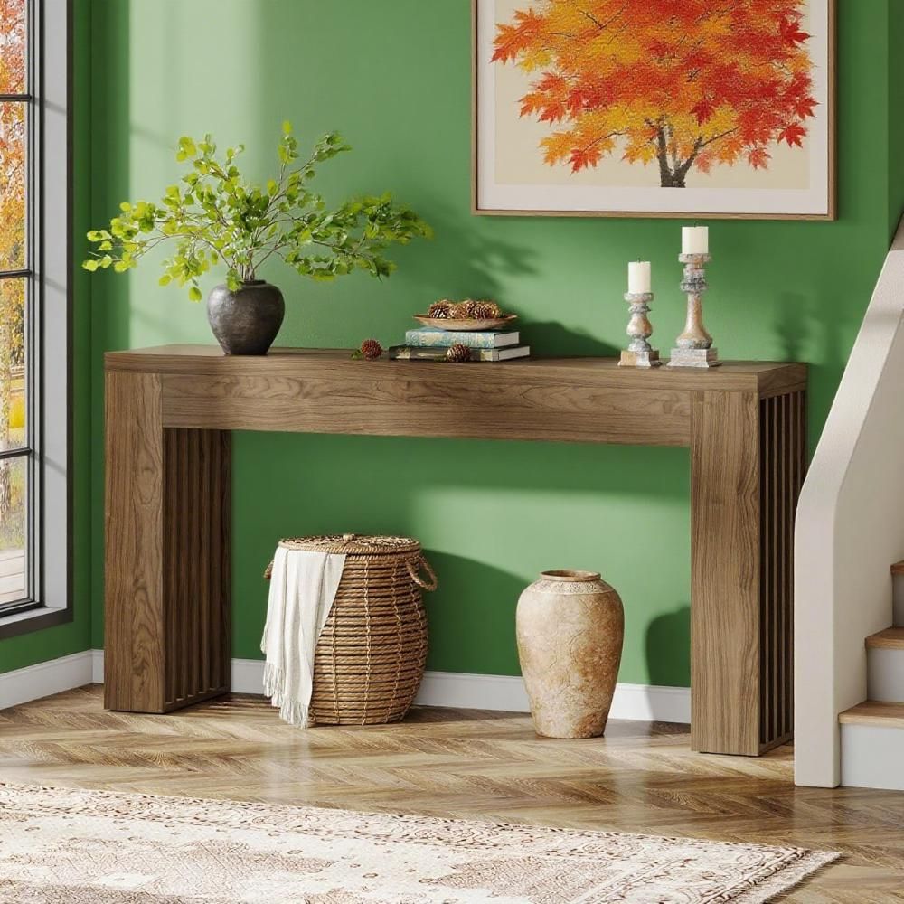 Farmhouse Console Table with Sleek Slatted Sides and Spacious Top
