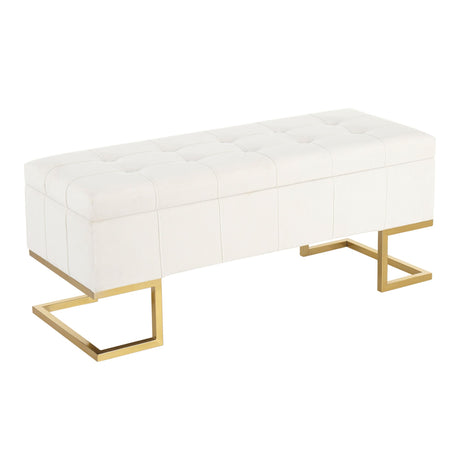 Contemporary Storage Bench in Gold Steel and White Velvet