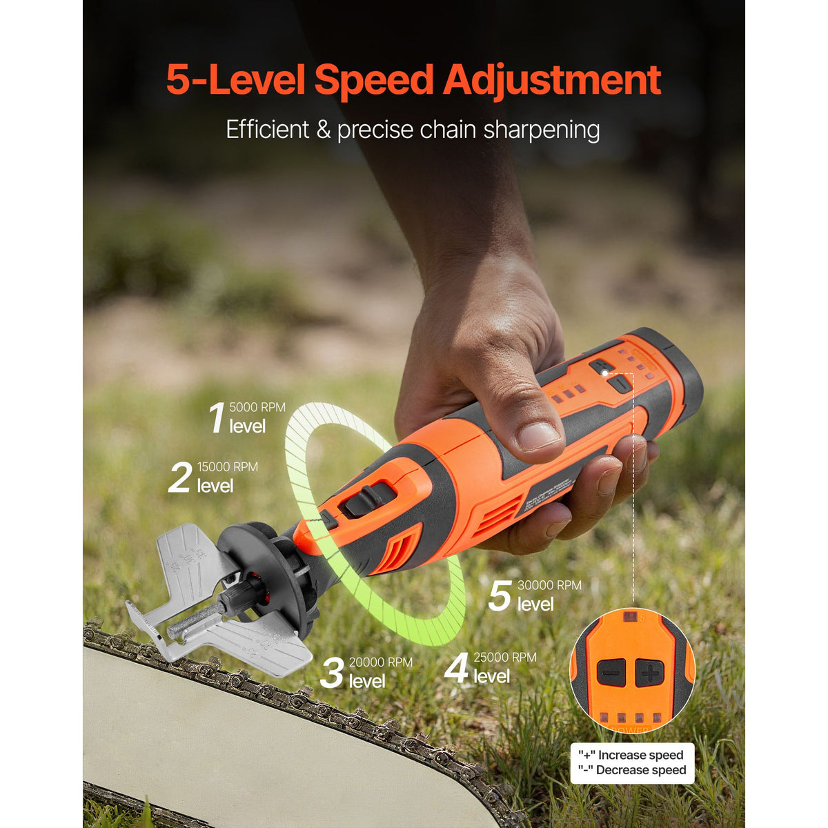 Cordless Five-Speed Chainsaw Sharpener with Angle Guide