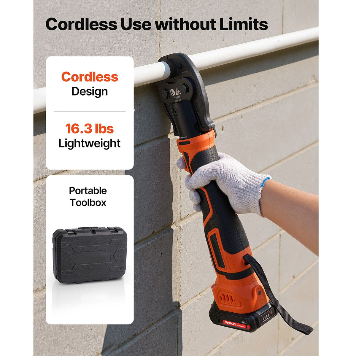 Cordless PEX Press Tool Kit with 18V Motor, Dual Batteries, and Carrying Case