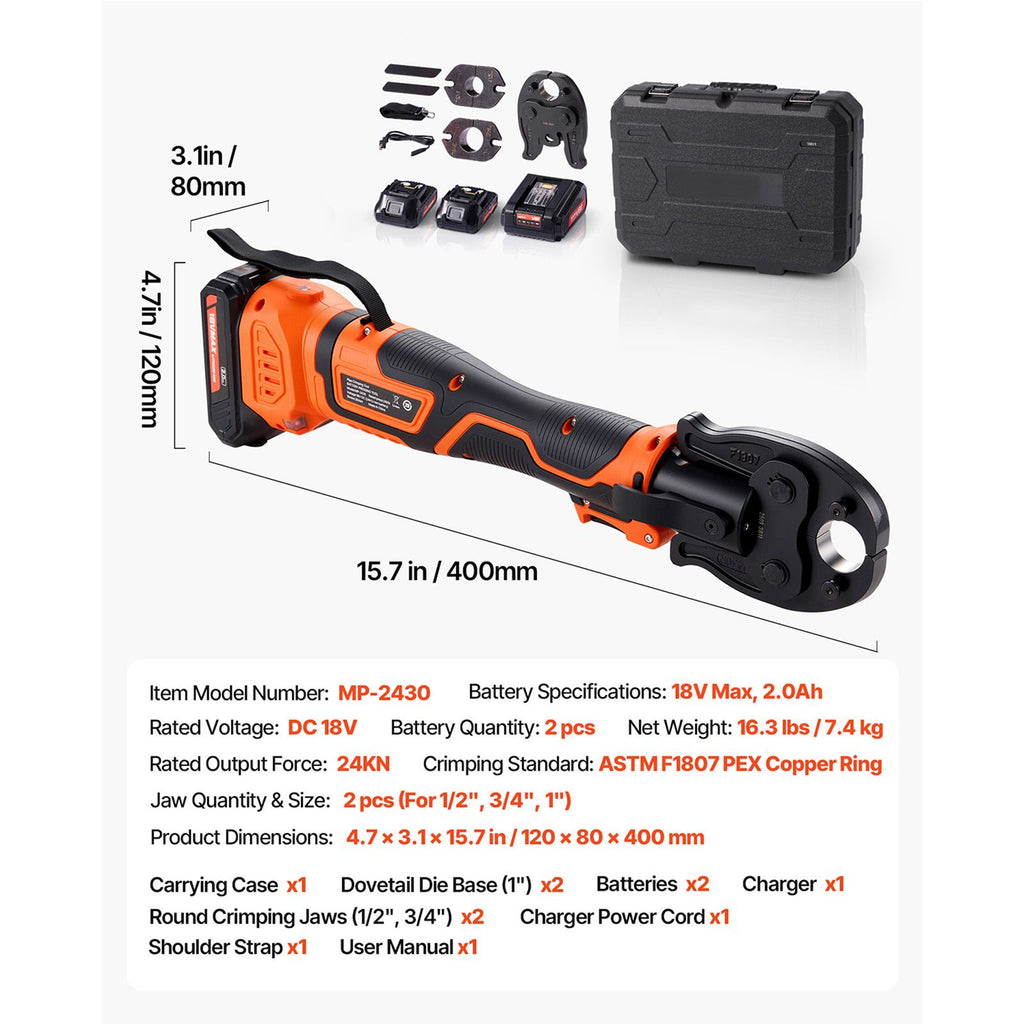 Cordless PEX Press Tool Kit with 18V Motor, Dual Batteries, and Carrying Case