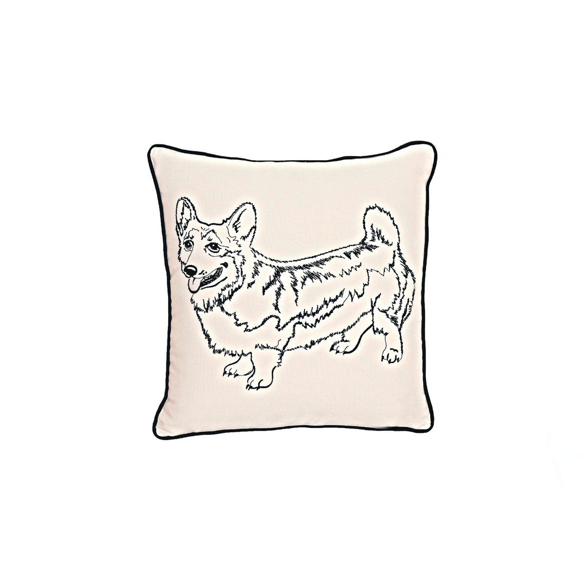 Embroidered Corgi Pillow with Black Piping