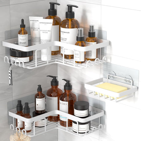 No-Drill Corner Shower Caddy with Soap Holder and Hooks, Set of 3