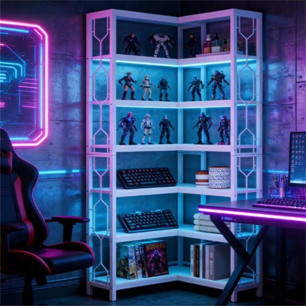 Corner bookshelves, display racks, and showcases save space and are suitable for small rooms