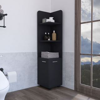 Black Corner Cabinet with Open Shelves and Door Storage