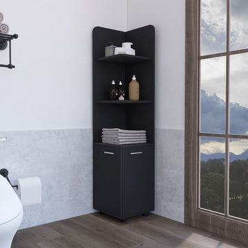 Black Corner Cabinet with Open Shelves and Door Storage