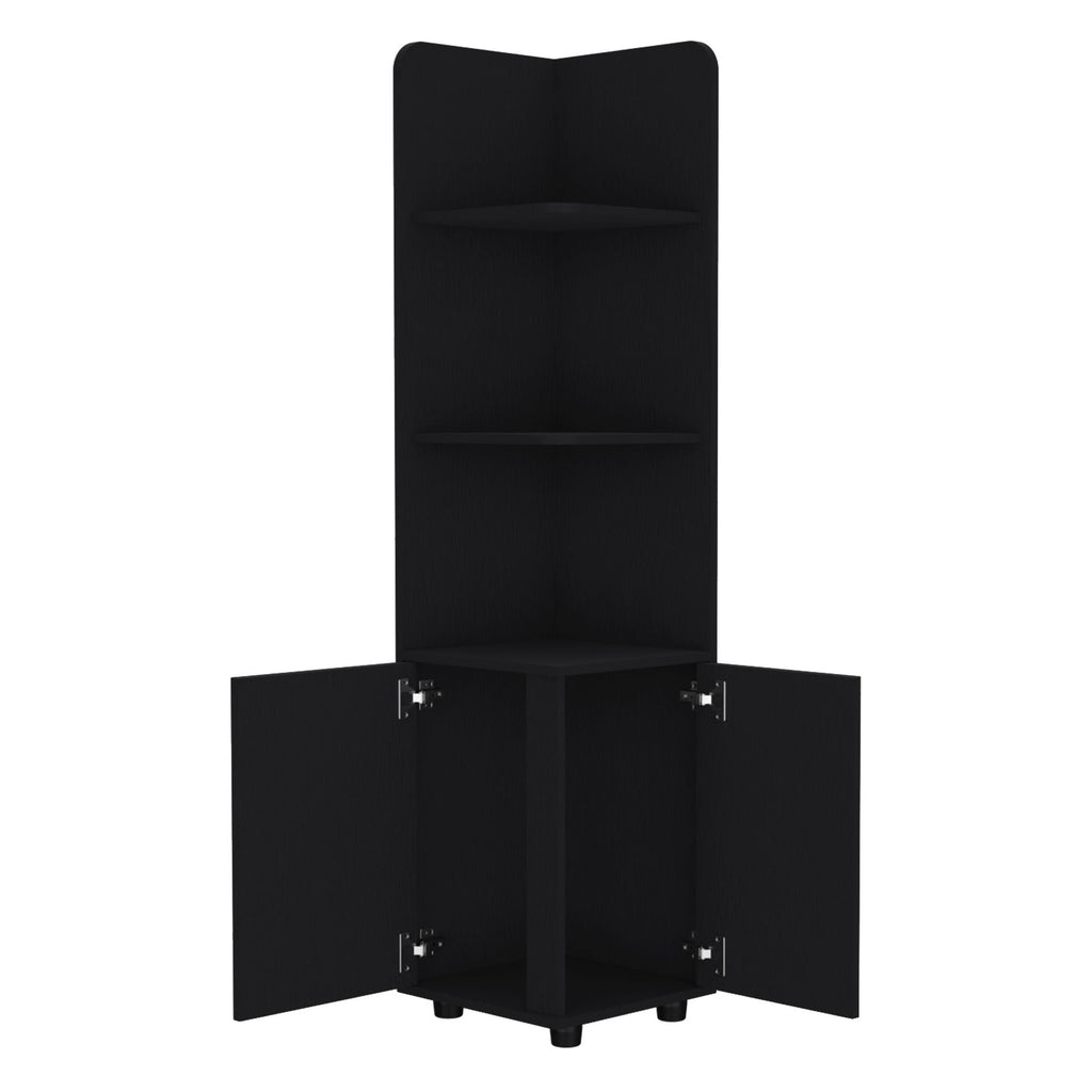 Black Corner Cabinet with Open Shelves and Door Storage