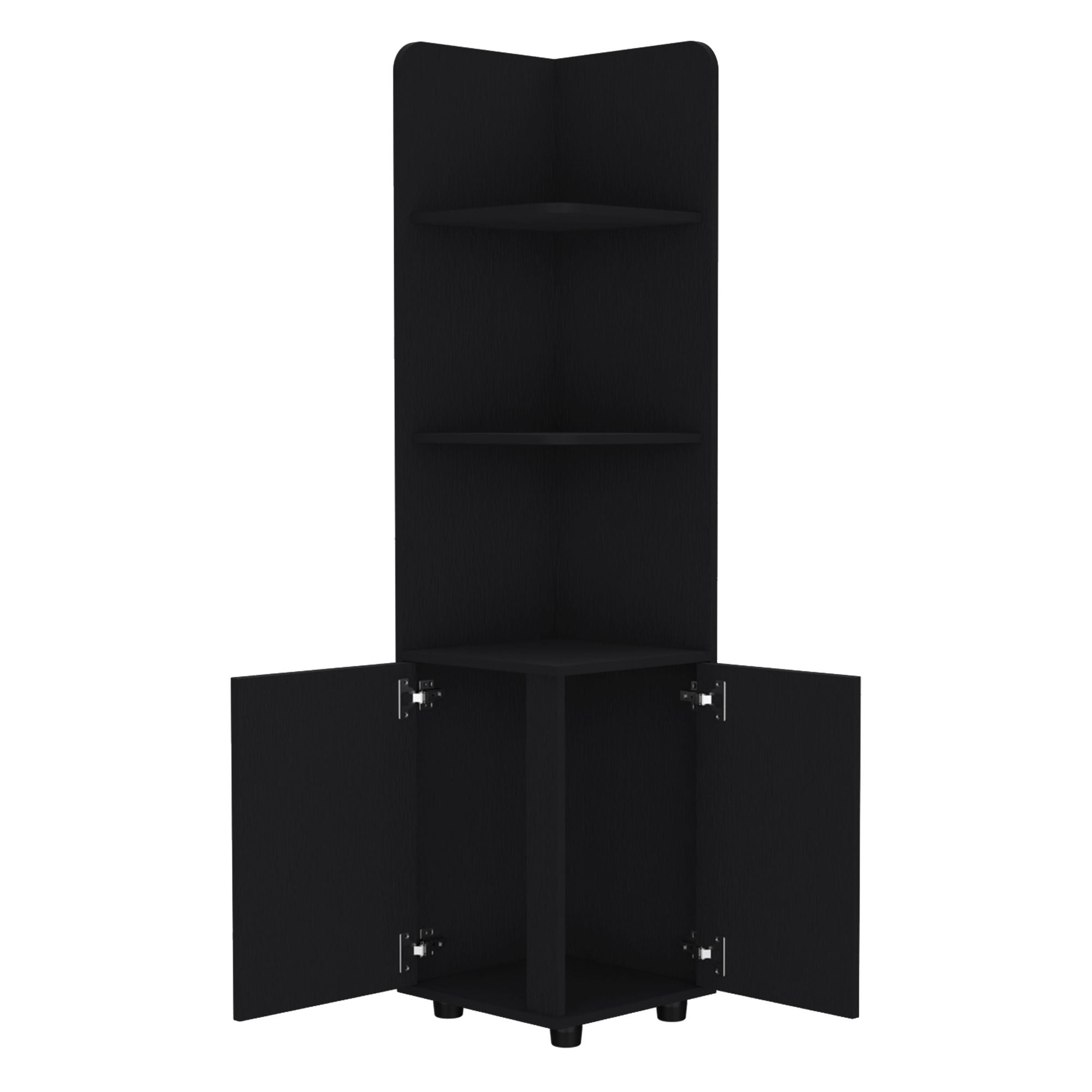 Black Corner Cabinet with Open Shelves and Door Storage