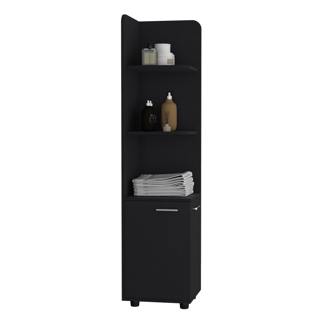 Black Corner Cabinet with Open Shelves and Door Storage