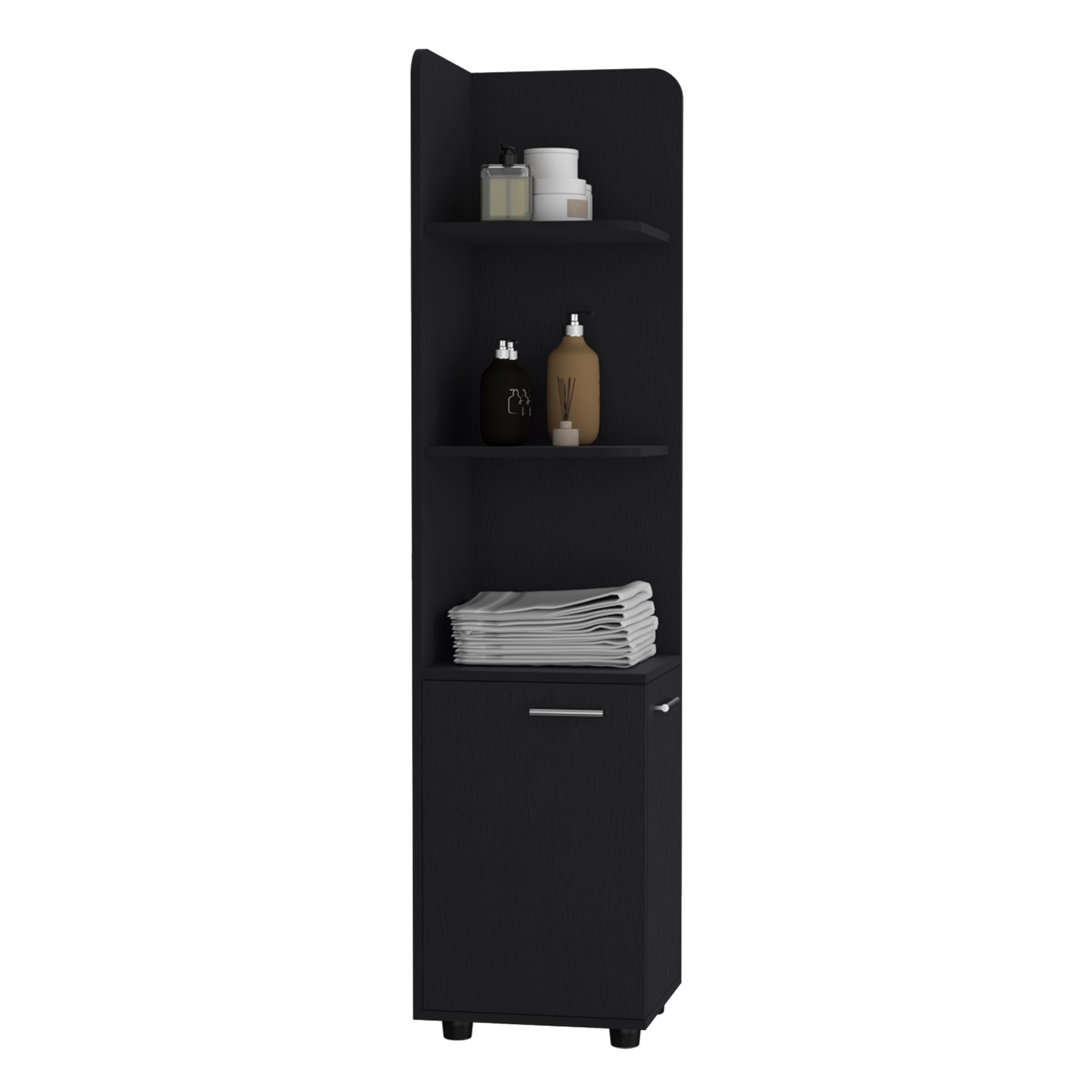 Black Corner Cabinet with Open Shelves and Door Storage