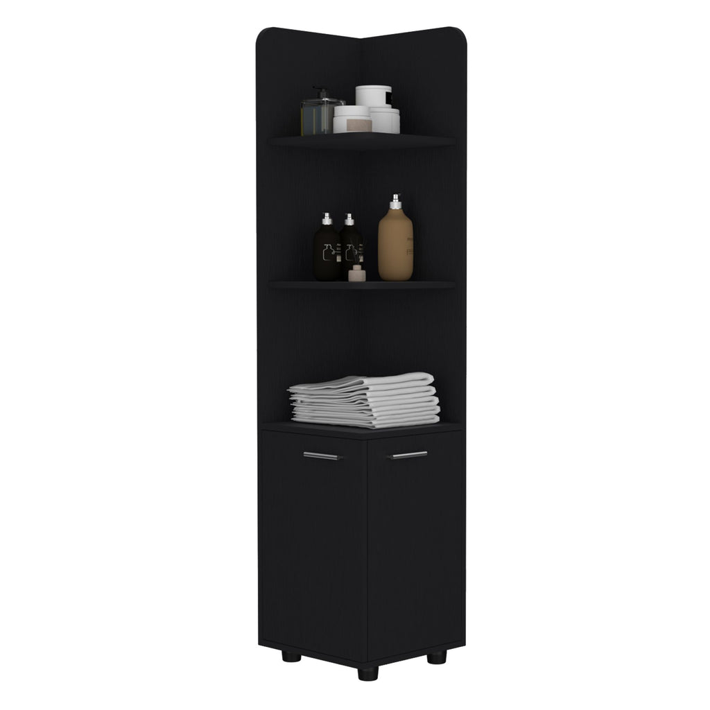 Black Corner Cabinet with Open Shelves and Door Storage