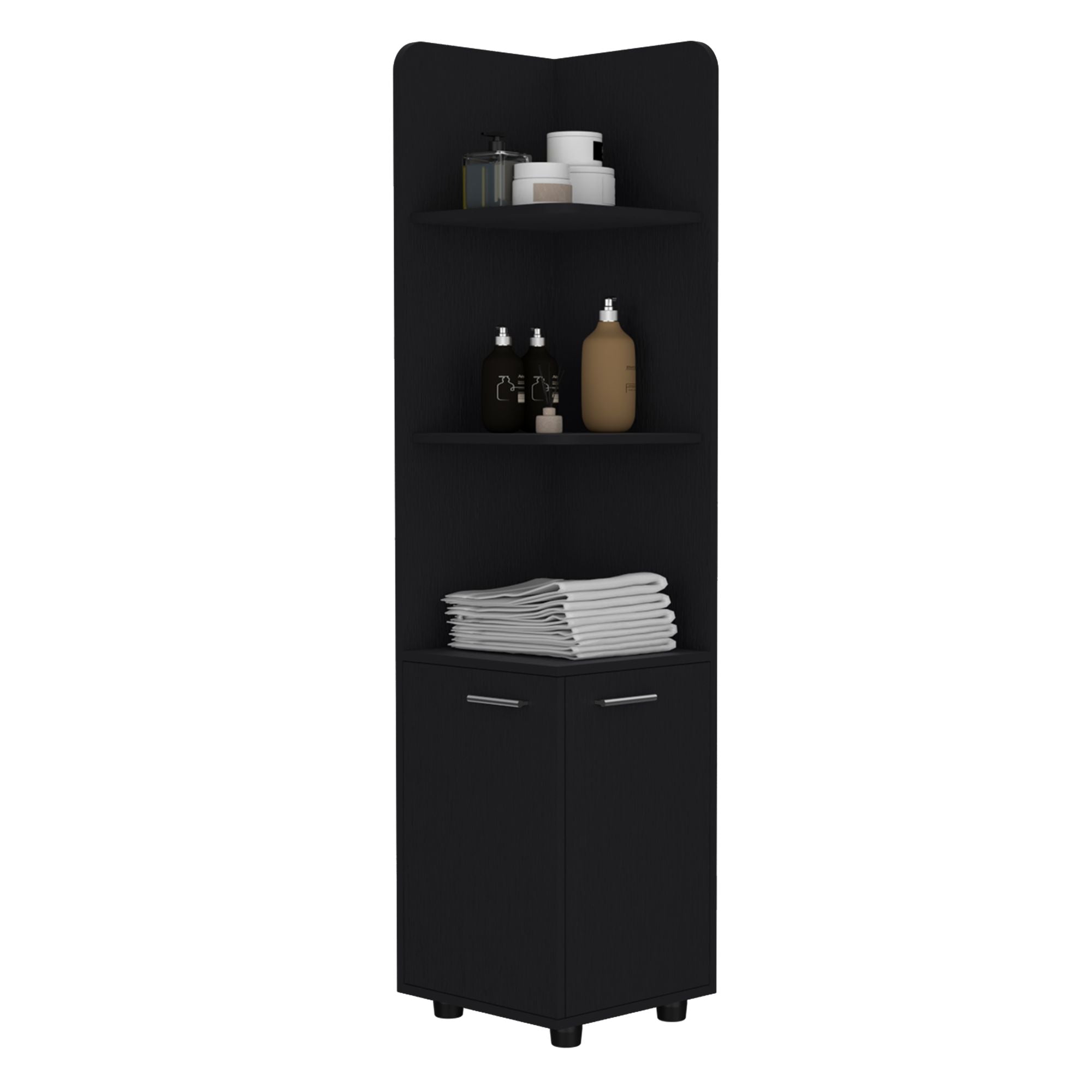 Black Corner Cabinet with Open Shelves and Door Storage