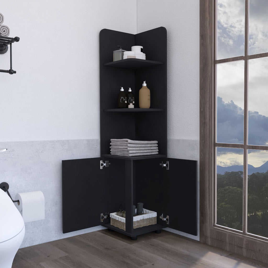 Black Corner Cabinet with Open Shelves and Door Storage