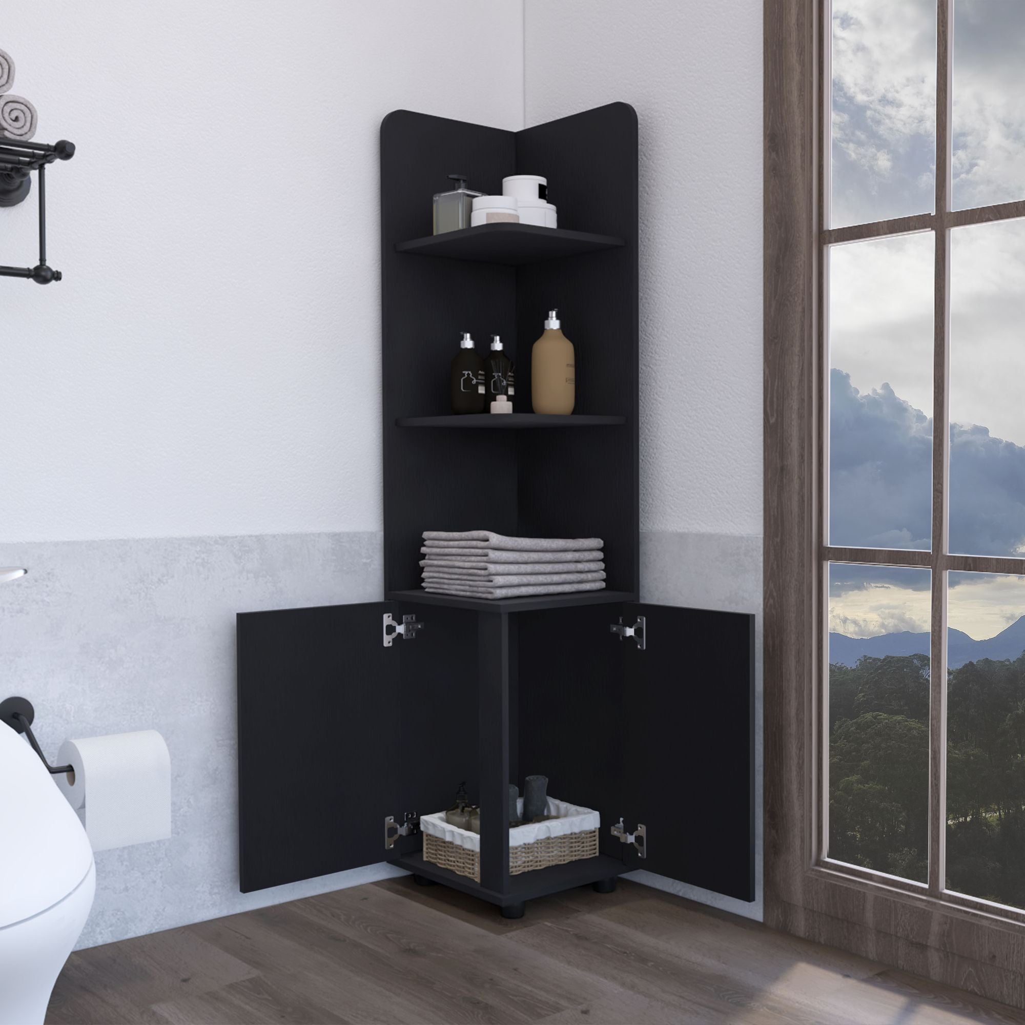 Black Corner Cabinet with Open Shelves and Door Storage