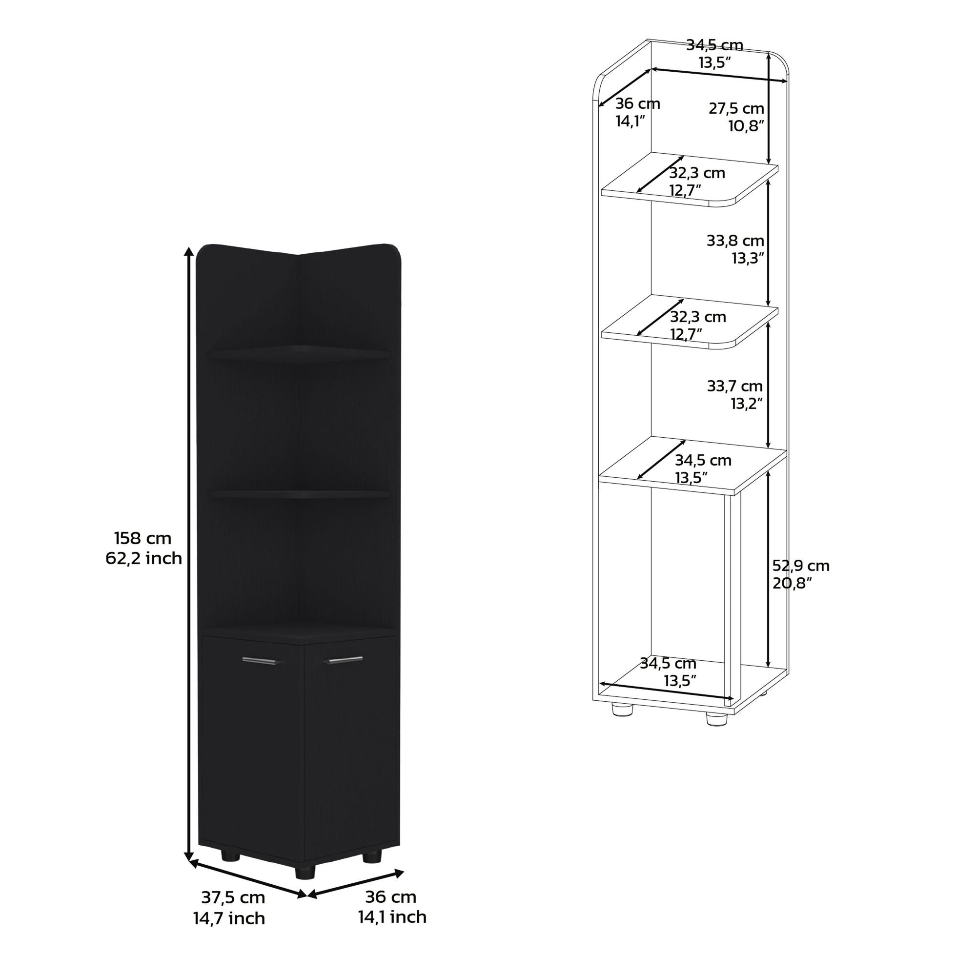 Black Corner Cabinet with Open Shelves and Door Storage