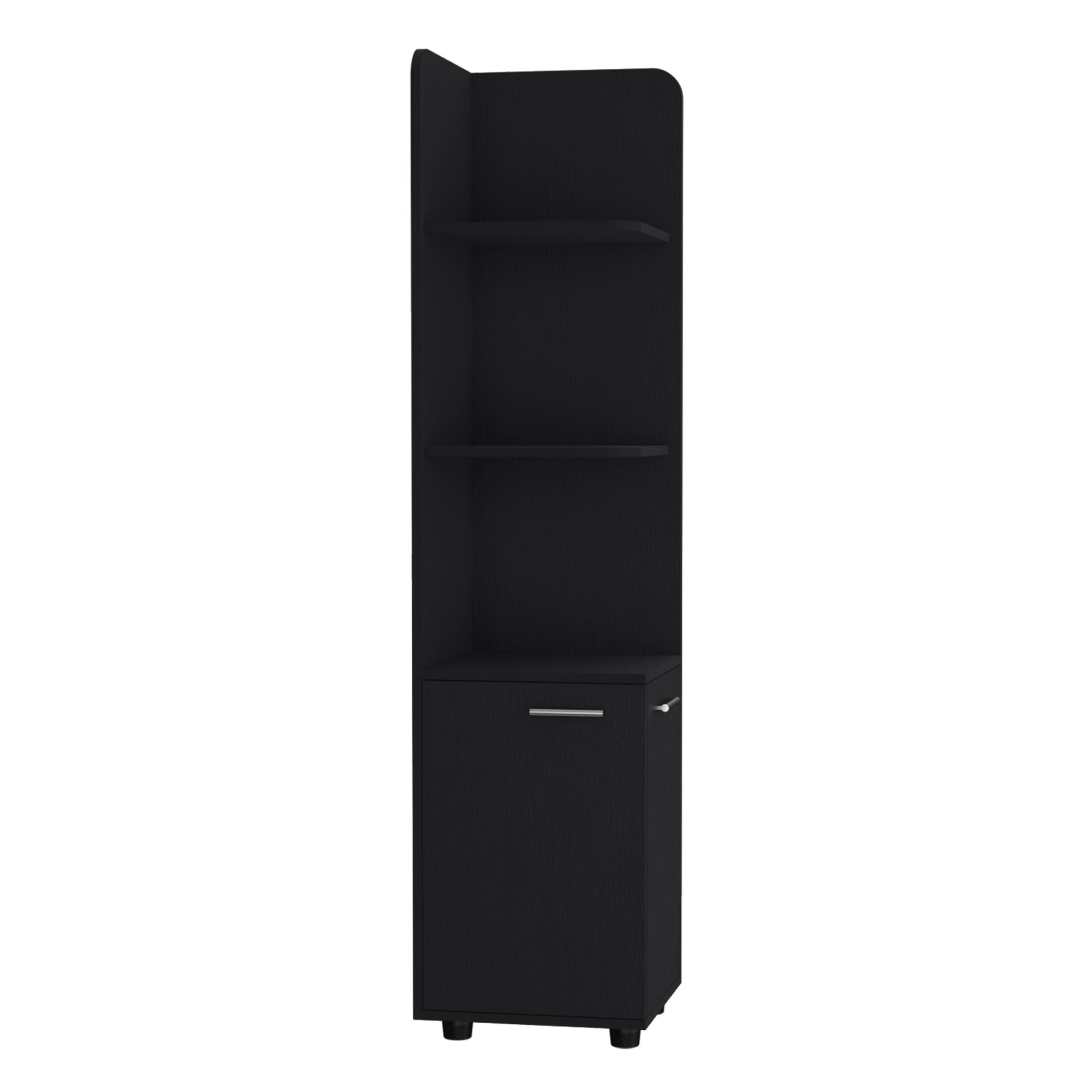 Black Corner Cabinet with Open Shelves and Door Storage
