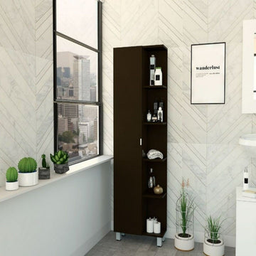 Womppi Corner Cabinet: Five Open Shelves, Single Door, Black Wengue Finish