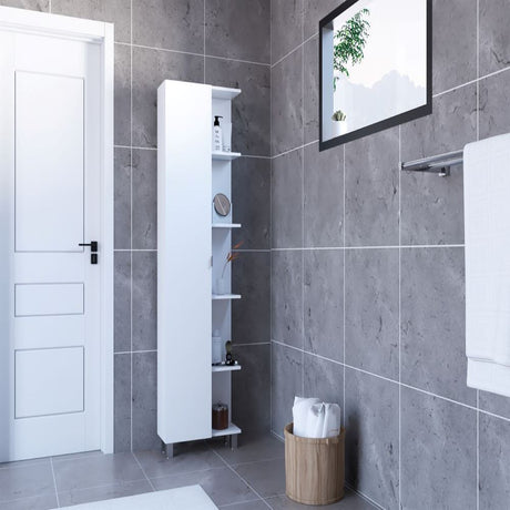 White Corner Cabinet with Five Open Shelves and Single Door