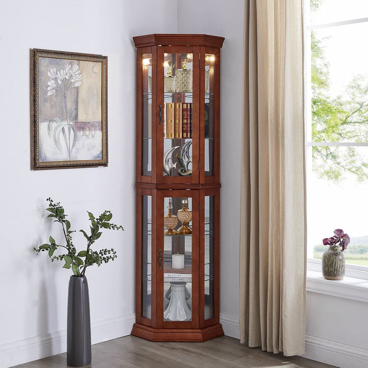 Lighted Corner Curio Cabinet with Mirrored Back