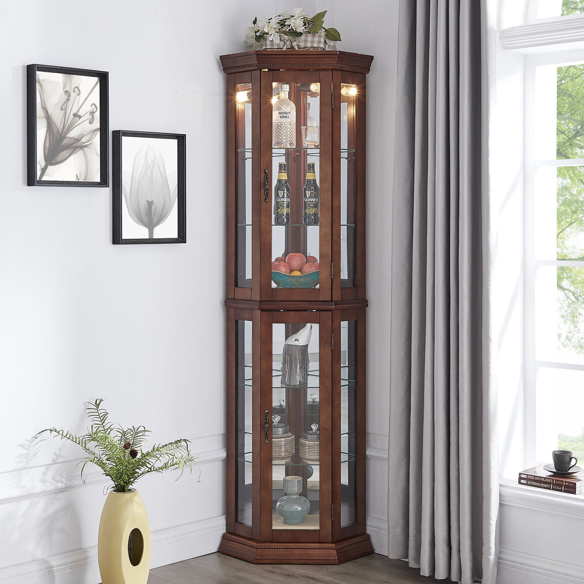 Lighted Corner Curio Cabinet with Mirrored Back