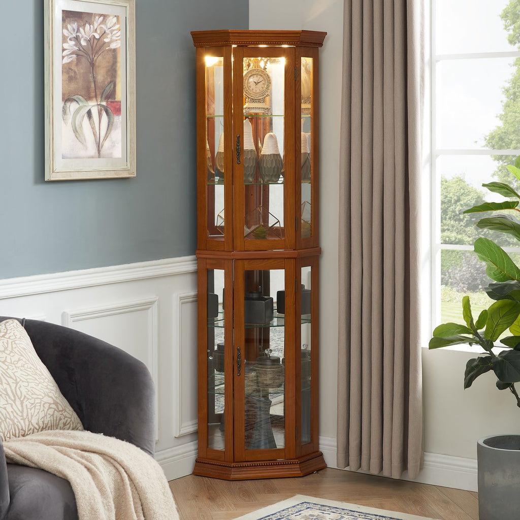 Lighted Corner Curio Cabinet with Mirrored Back
