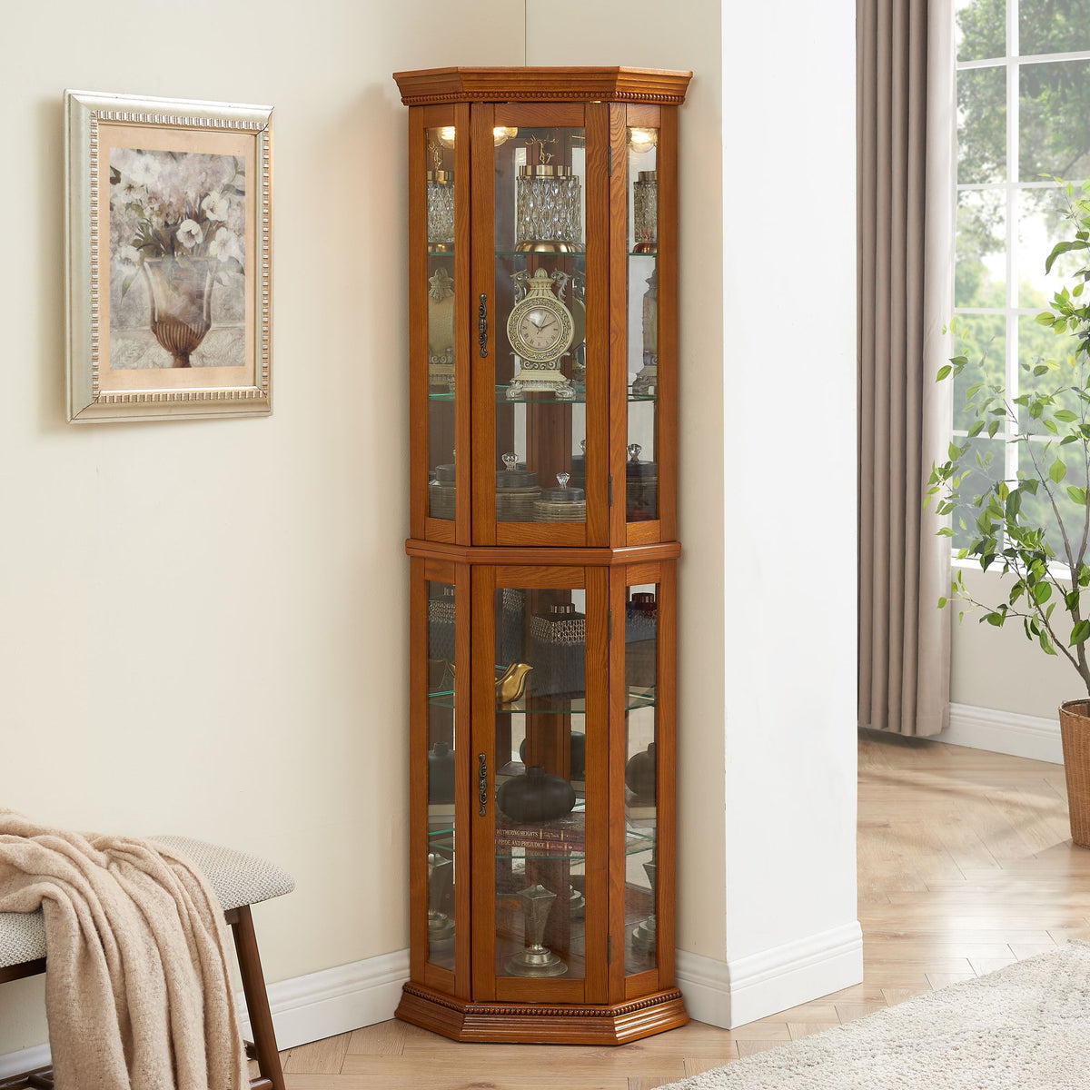 Lighted Corner Curio Cabinet with Mirrored Back