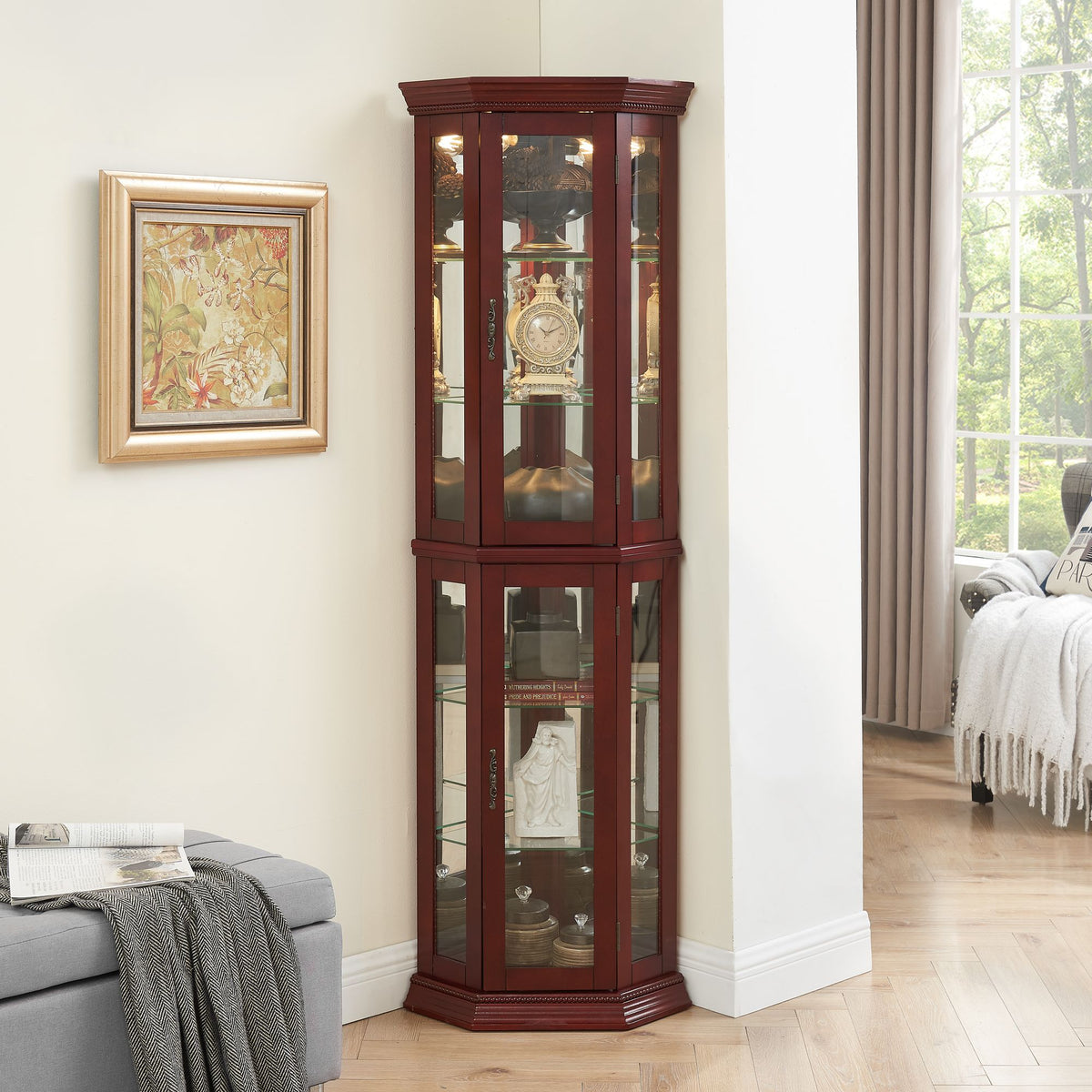Lighted Corner Curio Cabinet with Mirrored Back