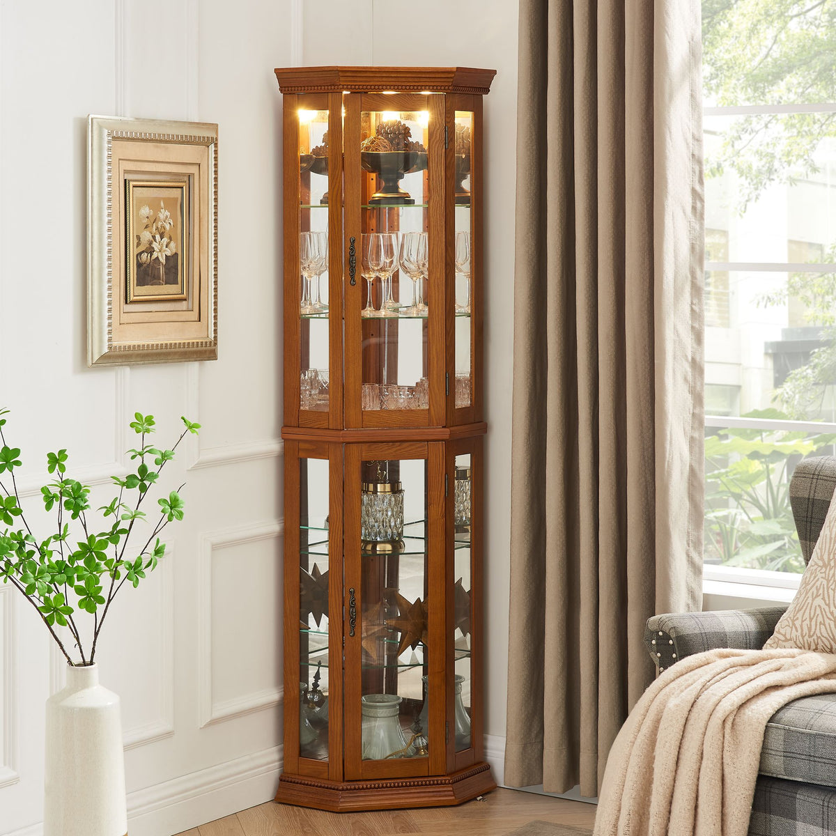 Lighted Corner Curio Cabinet with Mirrored Back