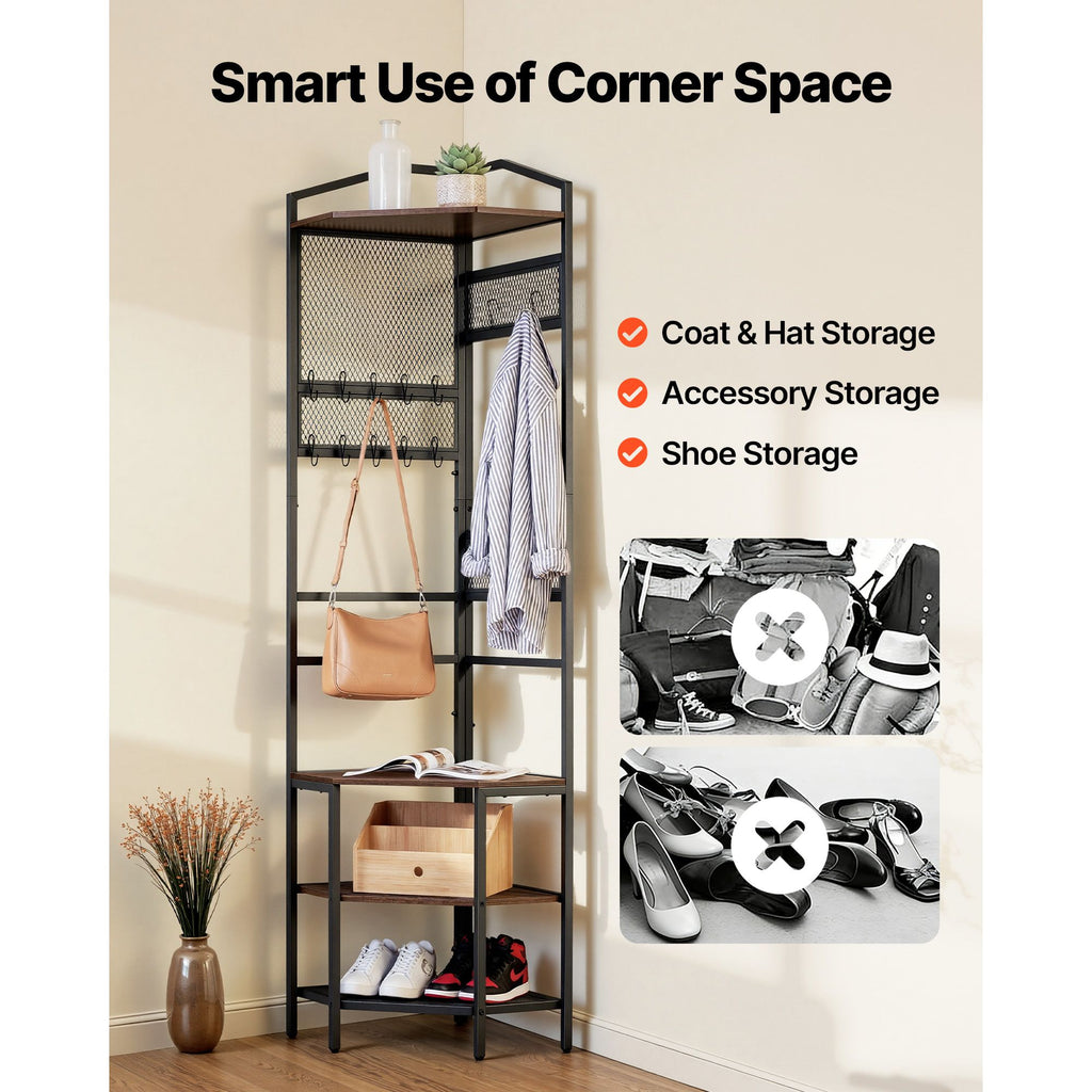 Space-Saving Corner Hall Tree with Hooks and Shoe Storage