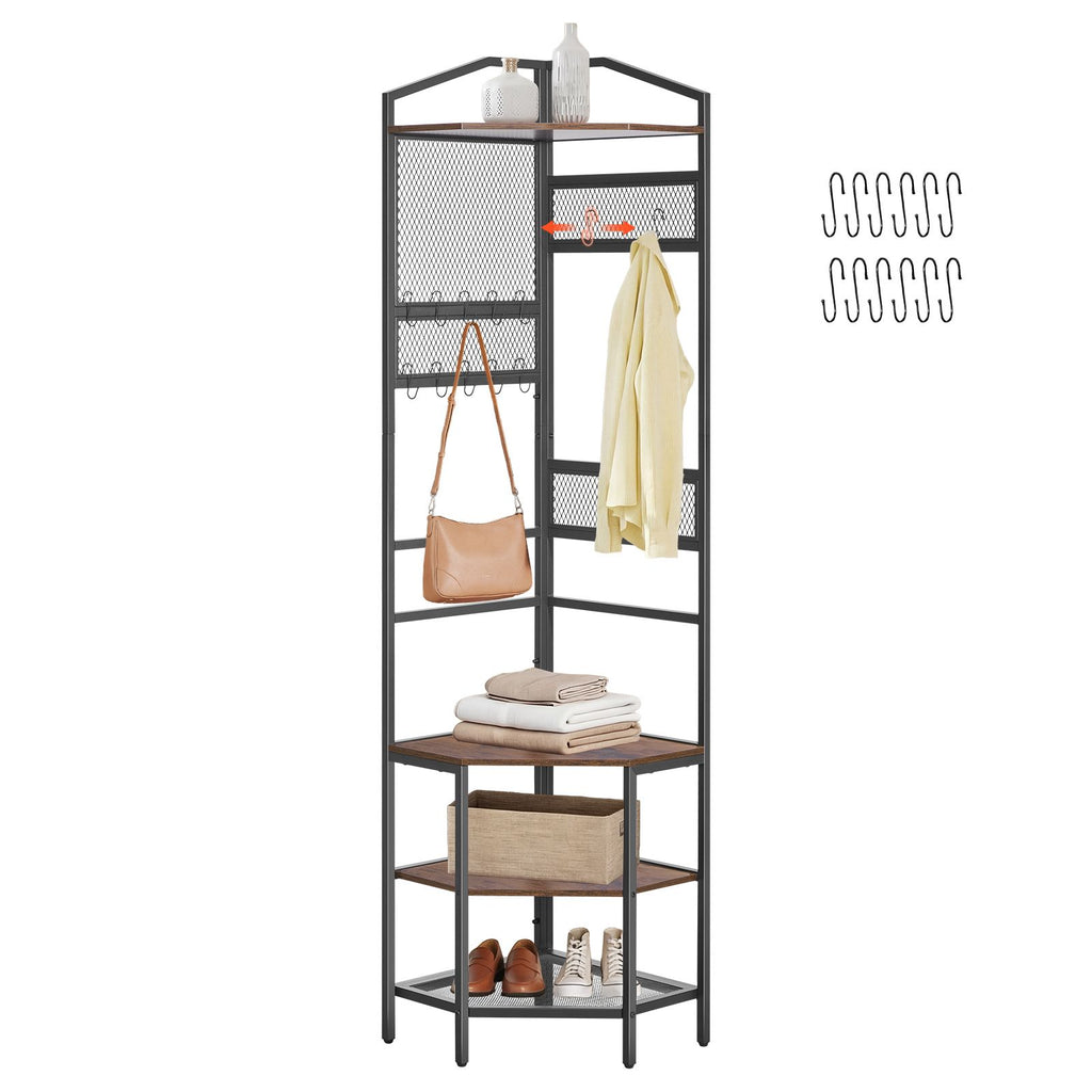 Space-Saving Corner Hall Tree with Hooks and Shoe Storage