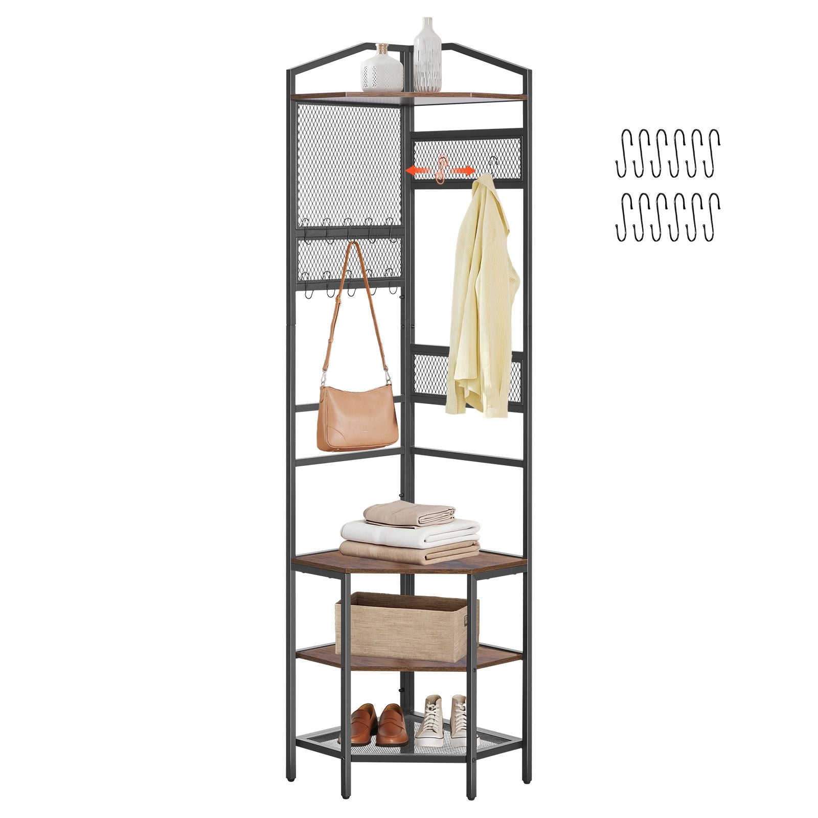 Space-Saving Corner Hall Tree with Hooks and Shoe Storage