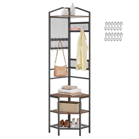 Space-Saving Corner Hall Tree with Hooks and Shoe Storage